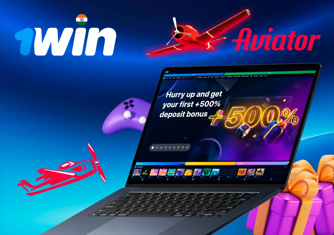 aviator crash game with laptop showing +500% deposit bonus offer.