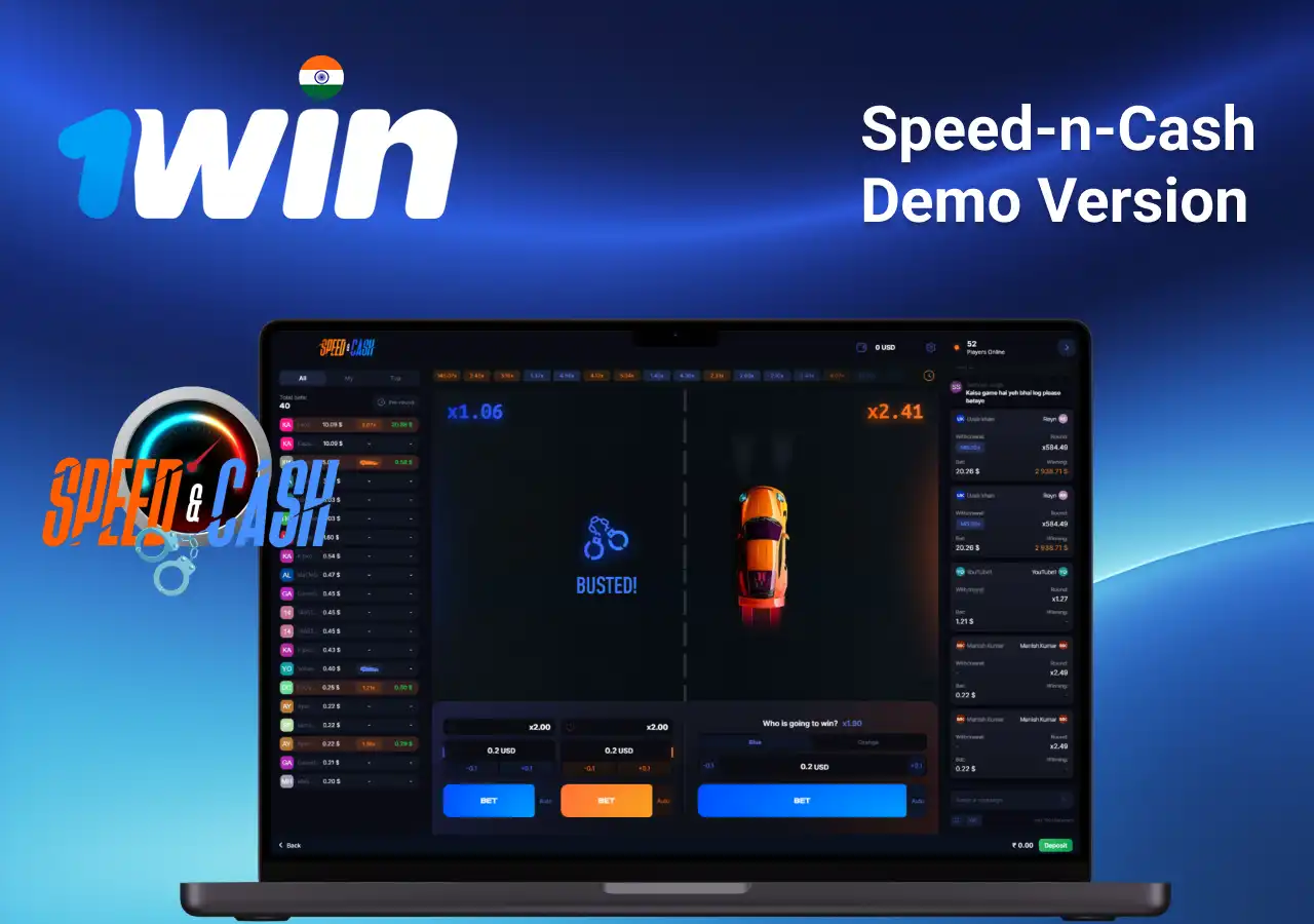 Demo version of Speed-n-Cash game featuring two racing cars and betting options on a laptop screen