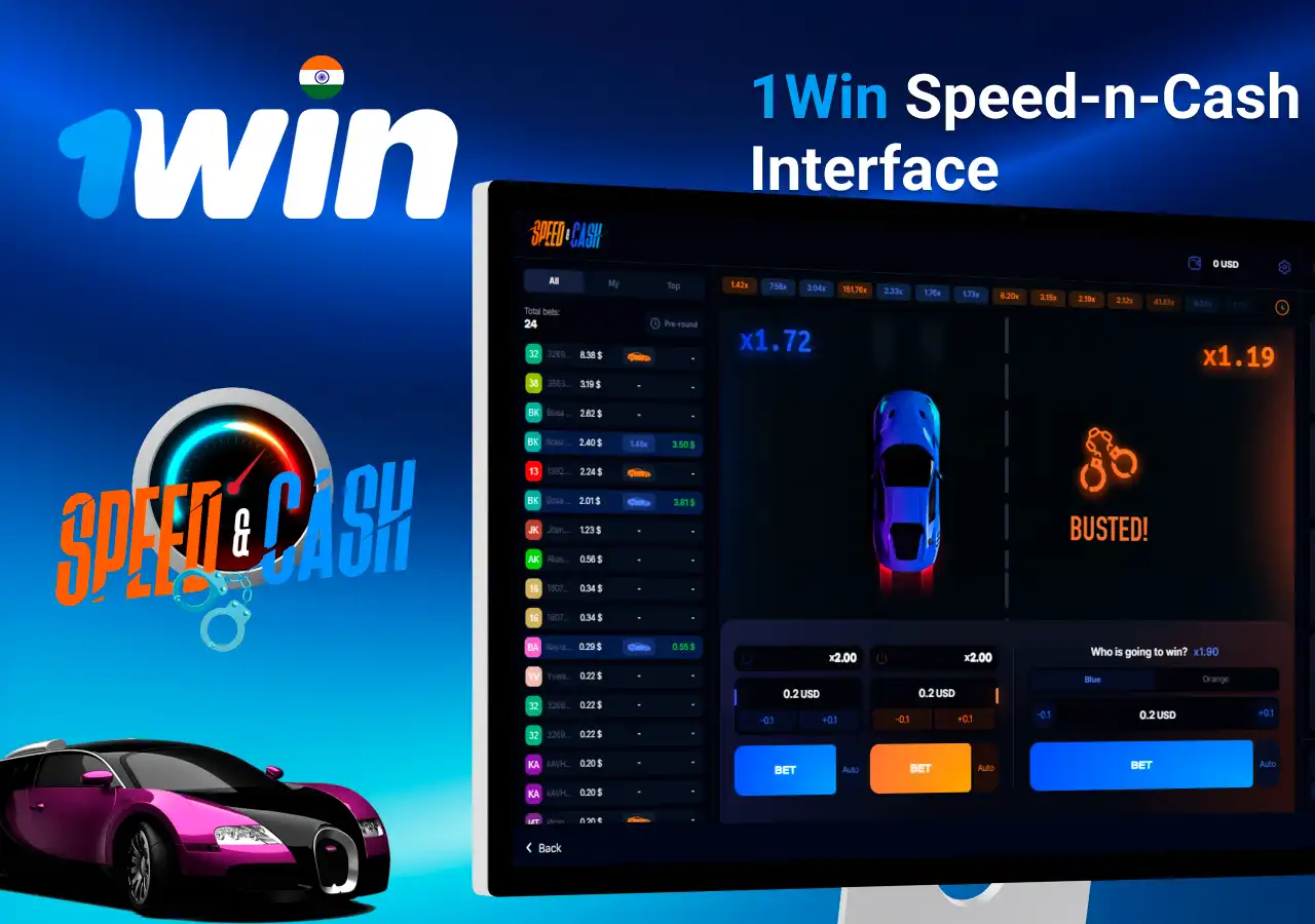 1Win Speed-n-Cash game interface with a car racing theme and real-time betting options on a desktop screen