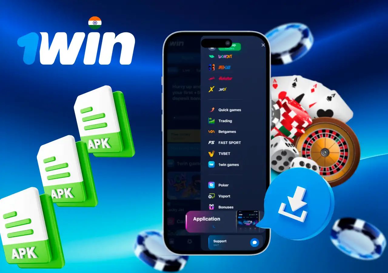 1Win app with APK file icons and casino chips illustrating mobile access to 1Win games
