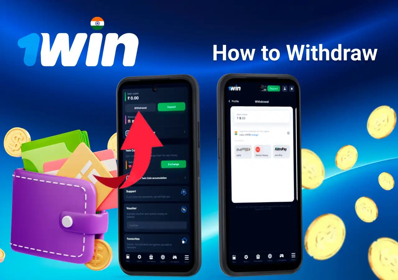 mobile interface showing withdrawal process with an arrow pointing to withdrawal options and available wallet balance