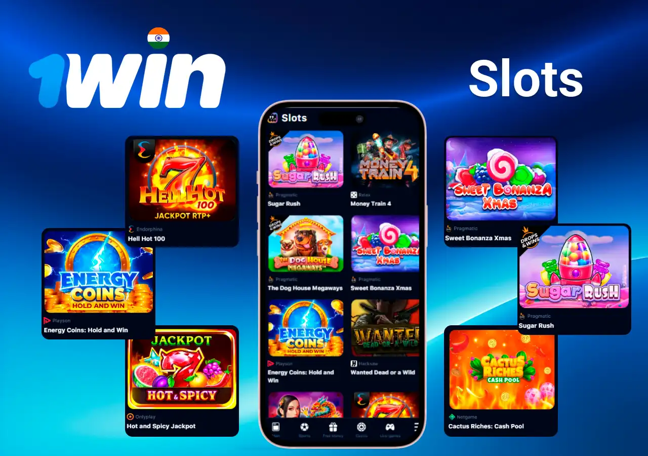 Slots games featuring popular titles like Sugar Rush, Energy Coins, and Hell Hot 100 on mobile and desktop